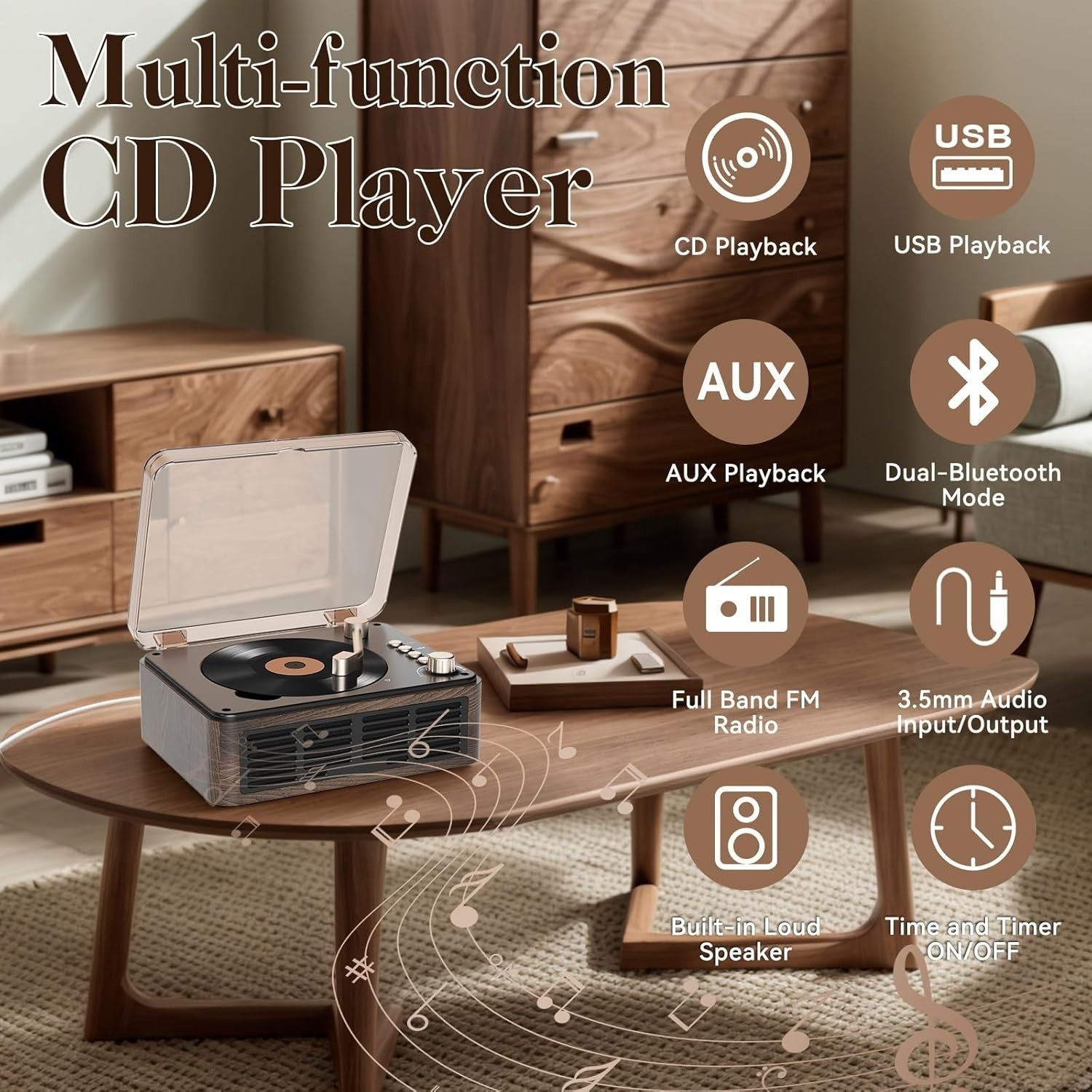 Retro Bluetooth CD Player HiFi Stereo Speakers FM Radio USB AUX Remote