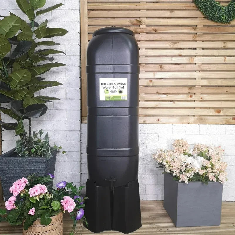 100L Slimline Garden Water Butt Set with Stand, Filter Kit & Tap – Black