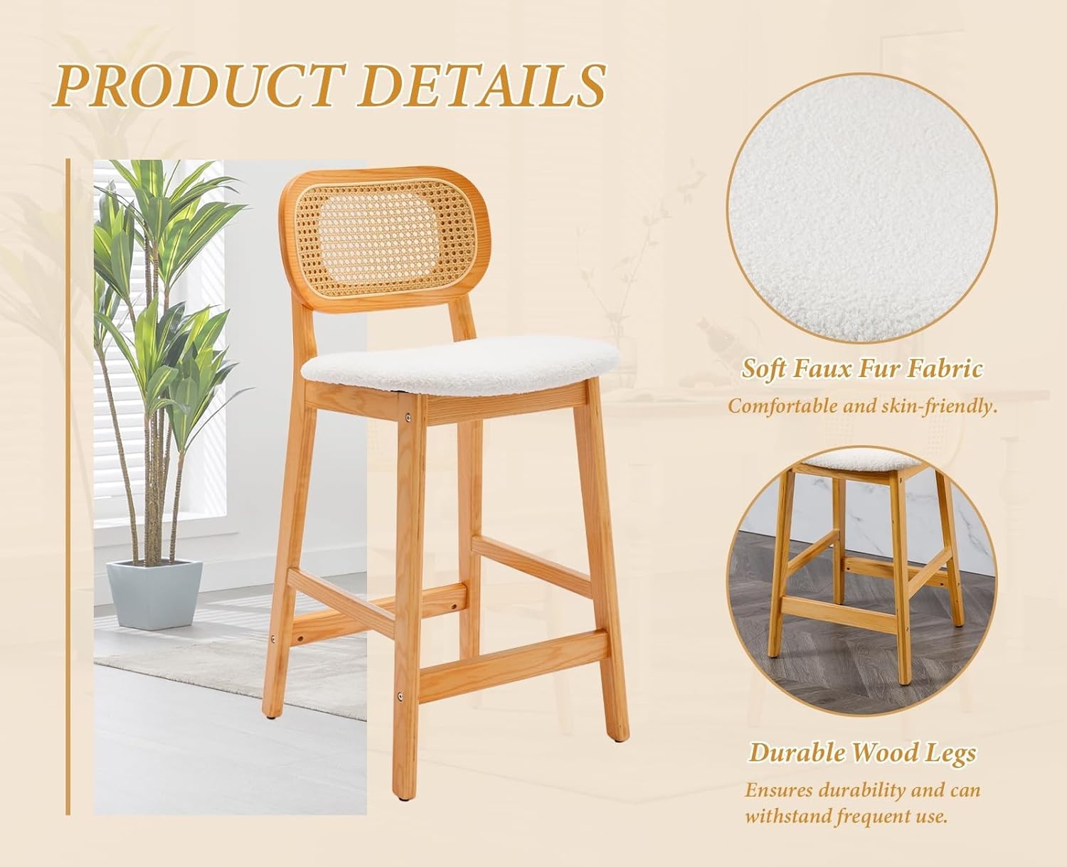 Rattan Bar Stools Set of 2 Counter Height Wooden Kitchen Island Chairs