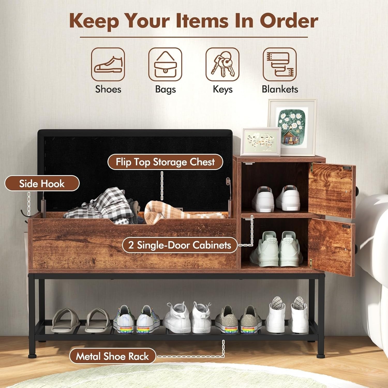 Rustic Shoe Storage Bench with Cushion, Flip-Top Chest & 2-Door Cabinet