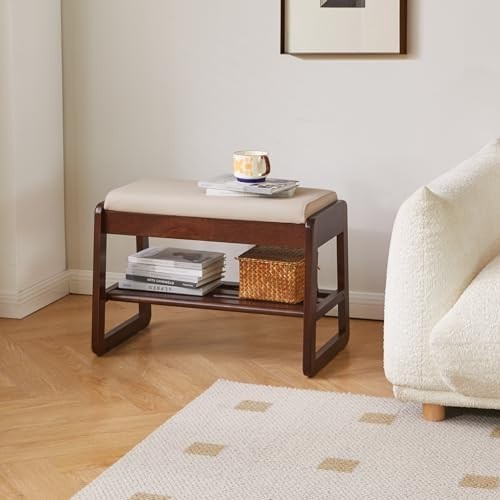 Walnut 2-Tier Wooden Shoe Storage Bench with Flip-Top & Cushion Seat – 60cm