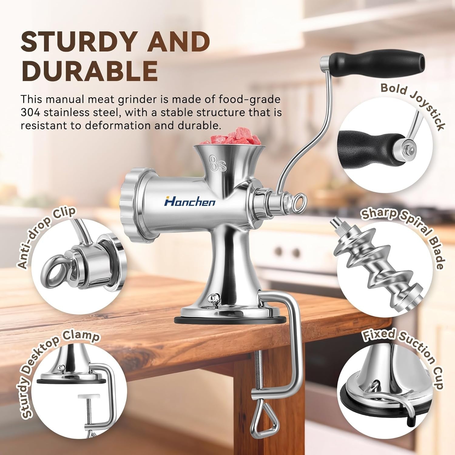 Stainless Steel Manual Meat Grinder Sausage Maker 4.5mm 8mm Plates
