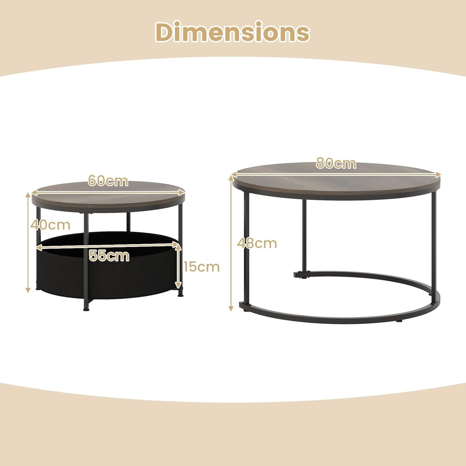 Nesting Coffee Table Set 2 Round Wood Metal Side End Tables Living Room 80CM