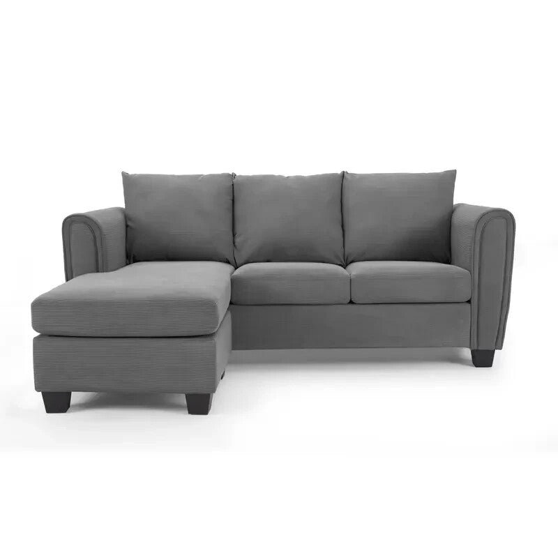 Grey Cord 3 Seater Sofa with Chaise Lounge | Reversible Corner Couch