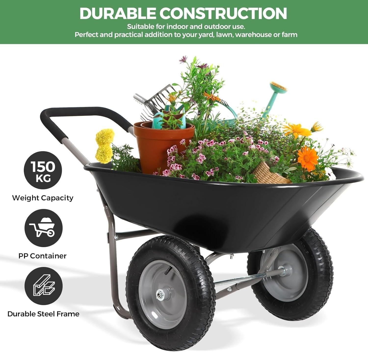 85L 2-Wheel Garden Trolley – Heavy Duty Cart w/ Pneumatic Tyres 150kg Capacity