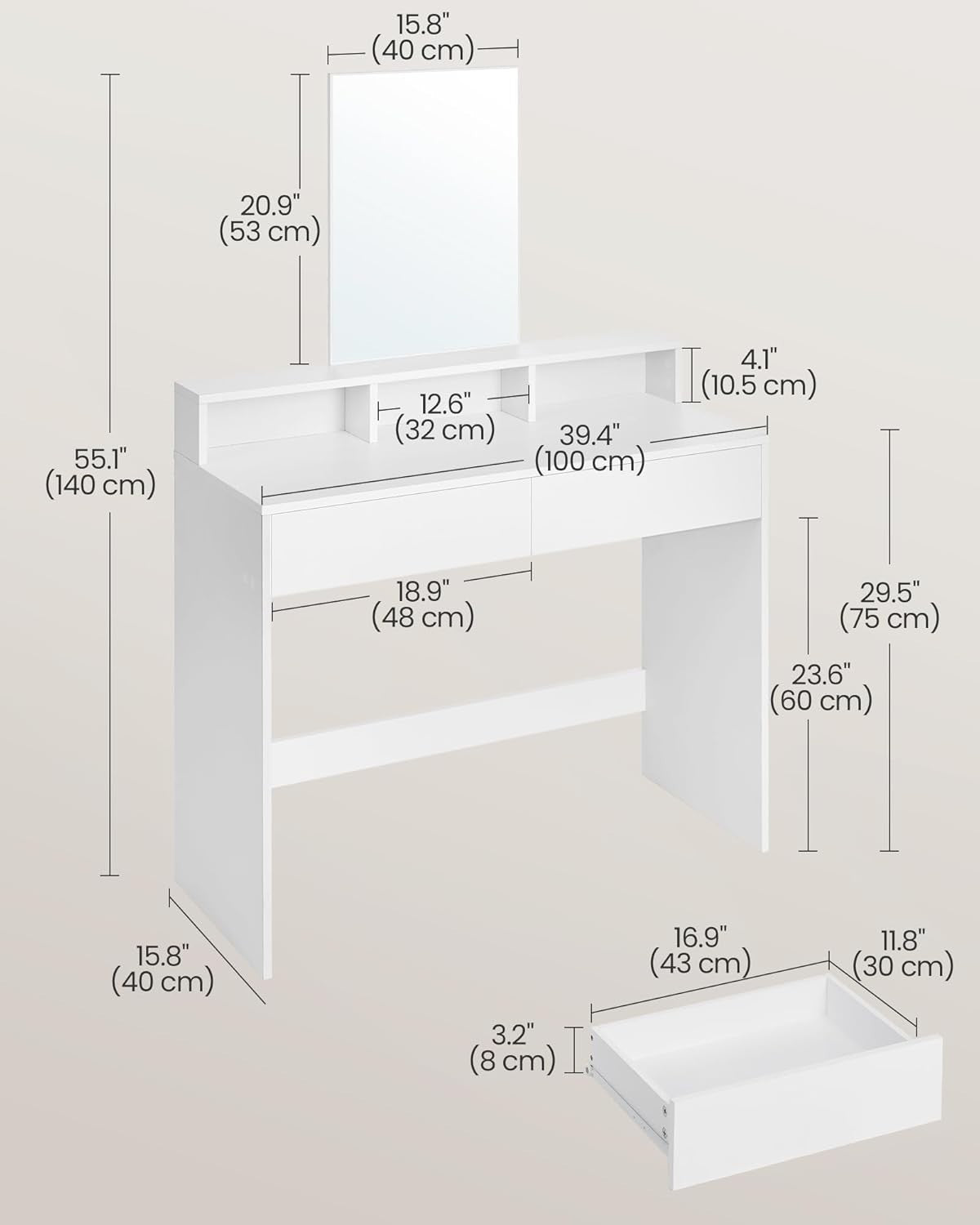 Modern Makeup Vanity Dressing Table Desk Storage Drawers Mirror White Wood