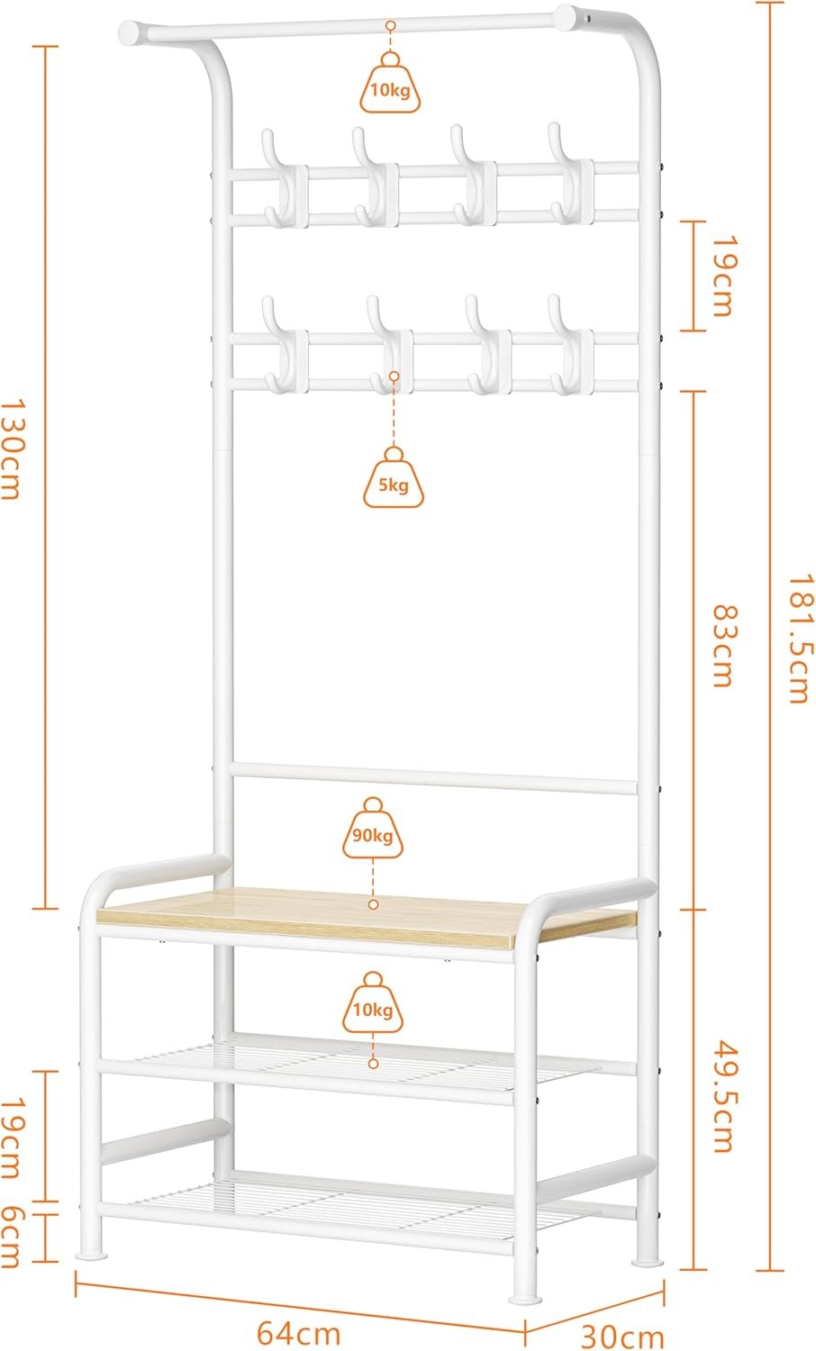 White Oak Coat Rack with Bench 4-in-1 Hall Tree Shoe Storage Stand 182cm