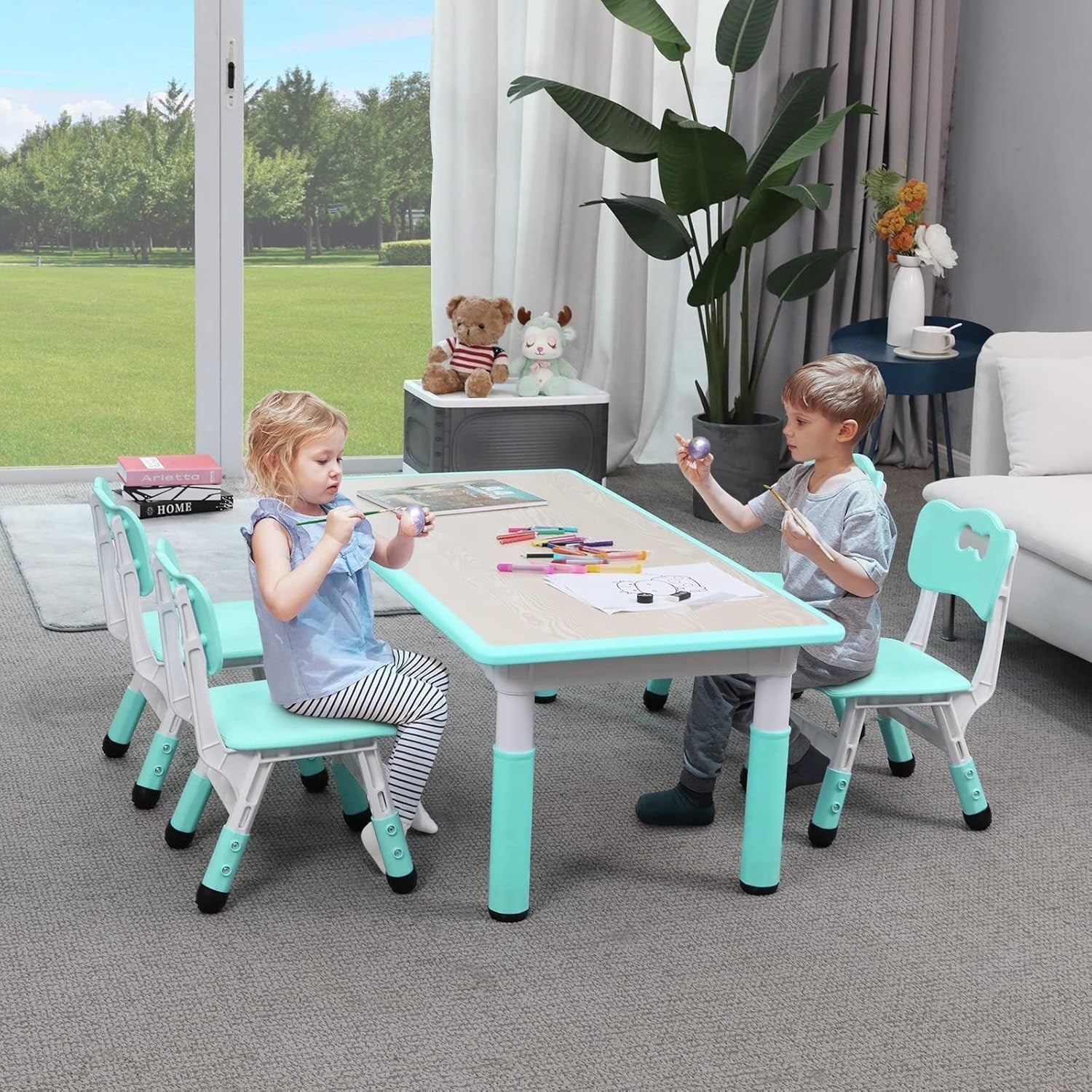 Adjustable Kids Table & 4 Chairs Set Durable Plastic Furniture Mint Green