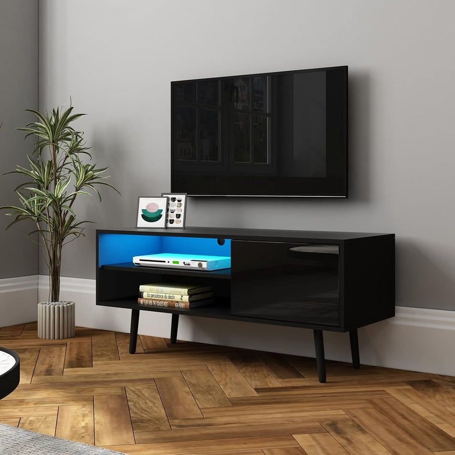 Modern Black TV Stand 1 Door, 2 Shelves | Floor Mount LED Cabinet 40” TVs