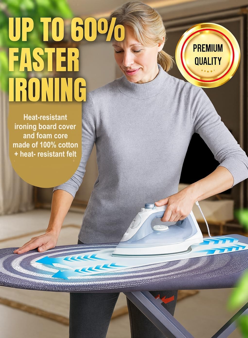 Extra Wide Ironing Board XL 127x46cm Adjustable Height Steam Holder