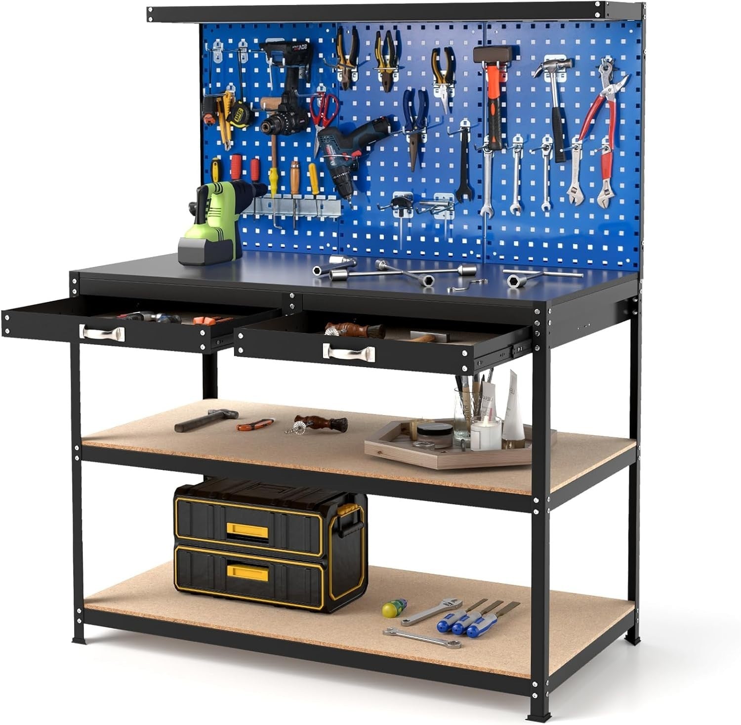 Heavy Duty Workbench 121x61x156cm Navy Pegboard 2 Drawers Shelves 435kg