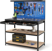 Heavy Duty Workbench 121x61x156cm Navy Pegboard 2 Drawers Shelves 435kg