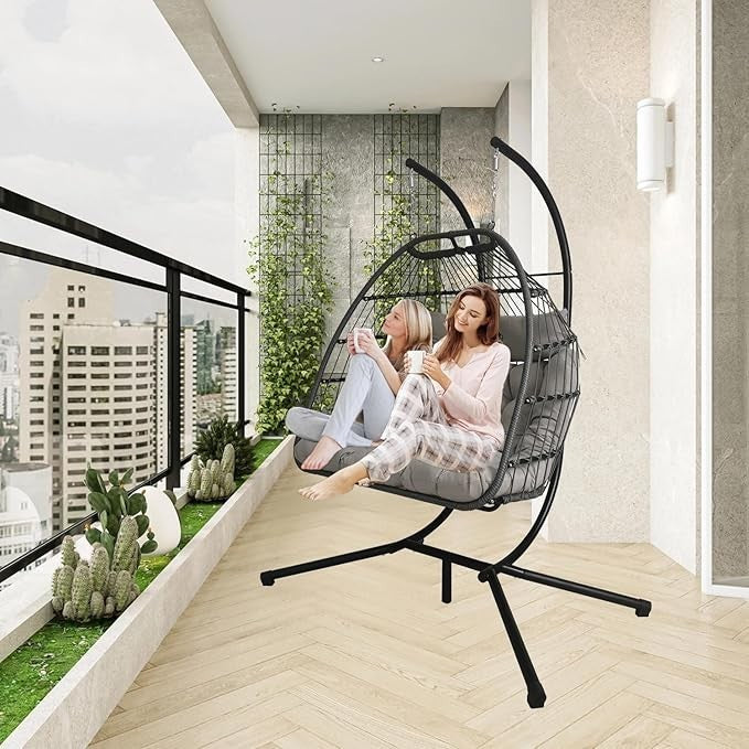 Double Egg Chair Rattan Hanging Swing w/ Stand & Cushions Indoor Outdoor 240kg