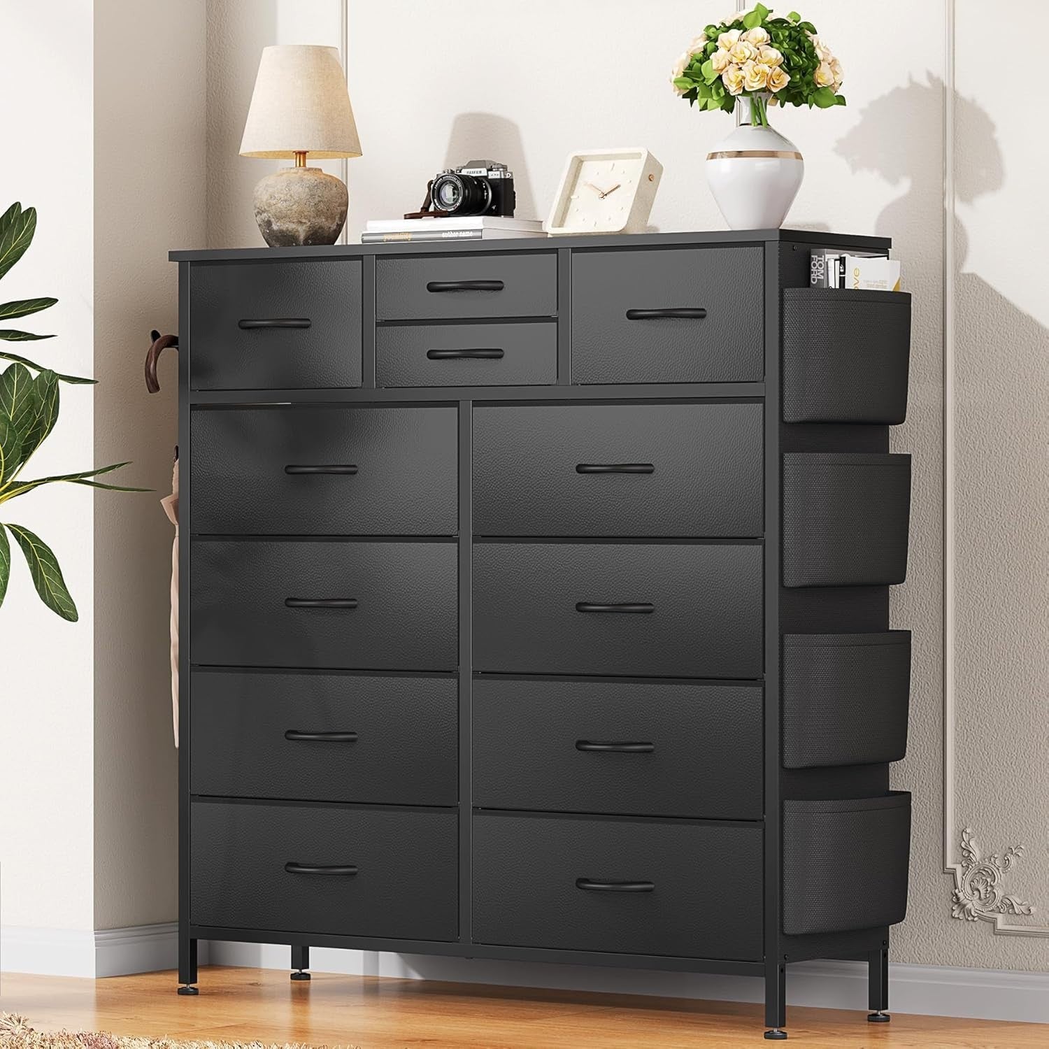 Black 12 Drawer Tall Storage Dresser Fabric Chest Hooks Kids Room Bedroom Hall