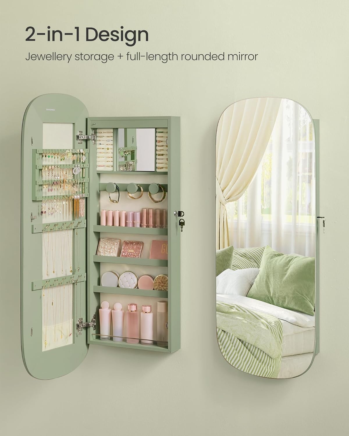 Laurel Green LED Wall Mounted Jewelry Cabinet Mirror Lockable Wide Storage