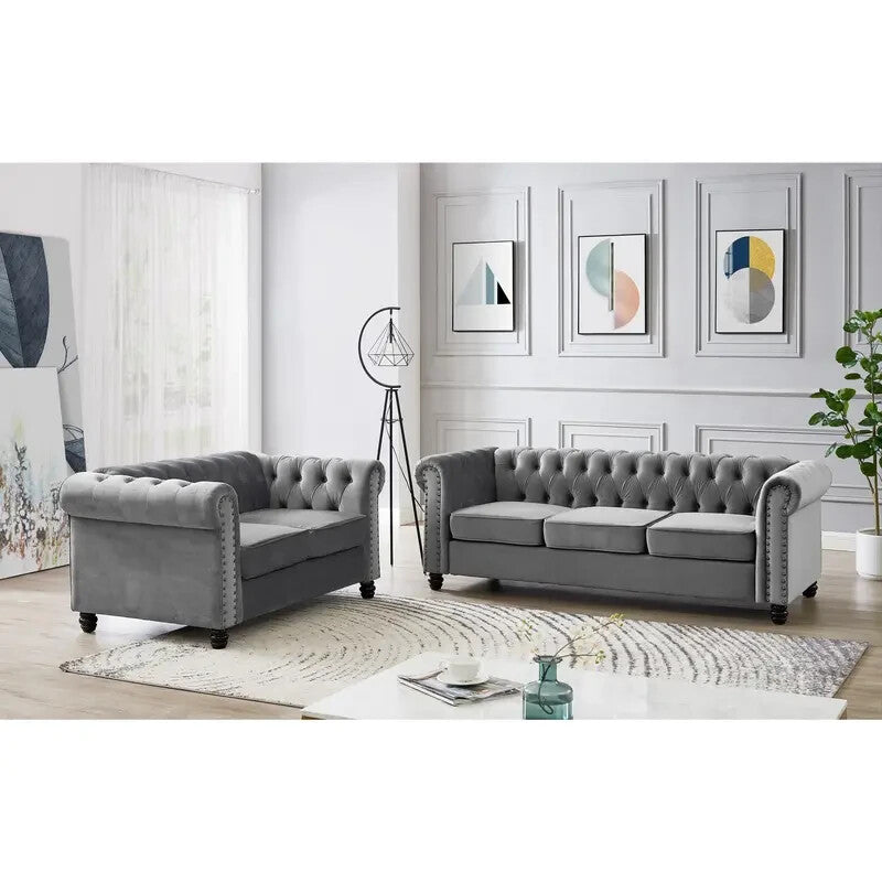 3 Seater Grey Chesterfield Sofa | Velvet Scroll Arms Stud Detail Sofa UK