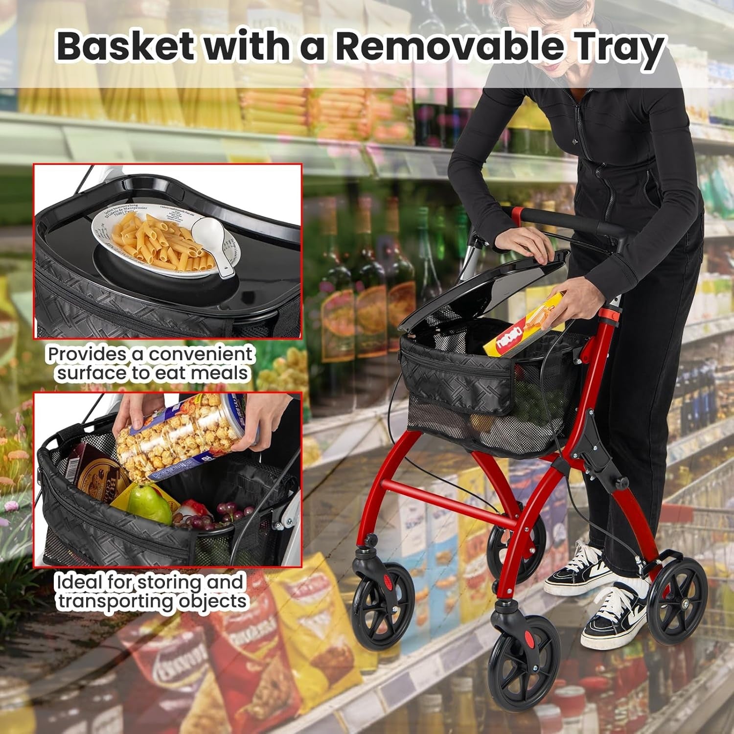 4 Wheel Rollator Walker Lightweight Folding Walking Brakes Tray