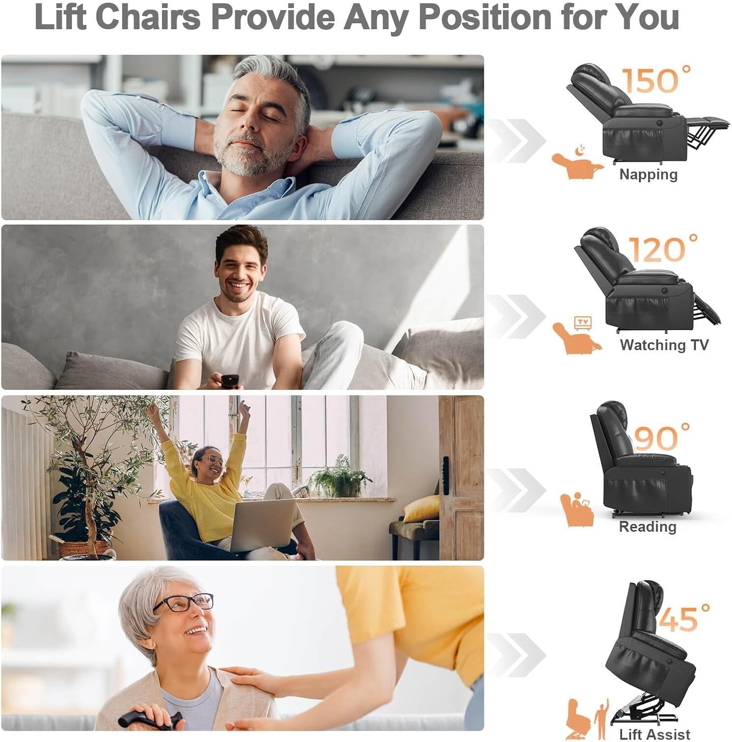 Power Lift Recliner Chair Massage Heat USB Type-C Cup Holders Faux Leather Black