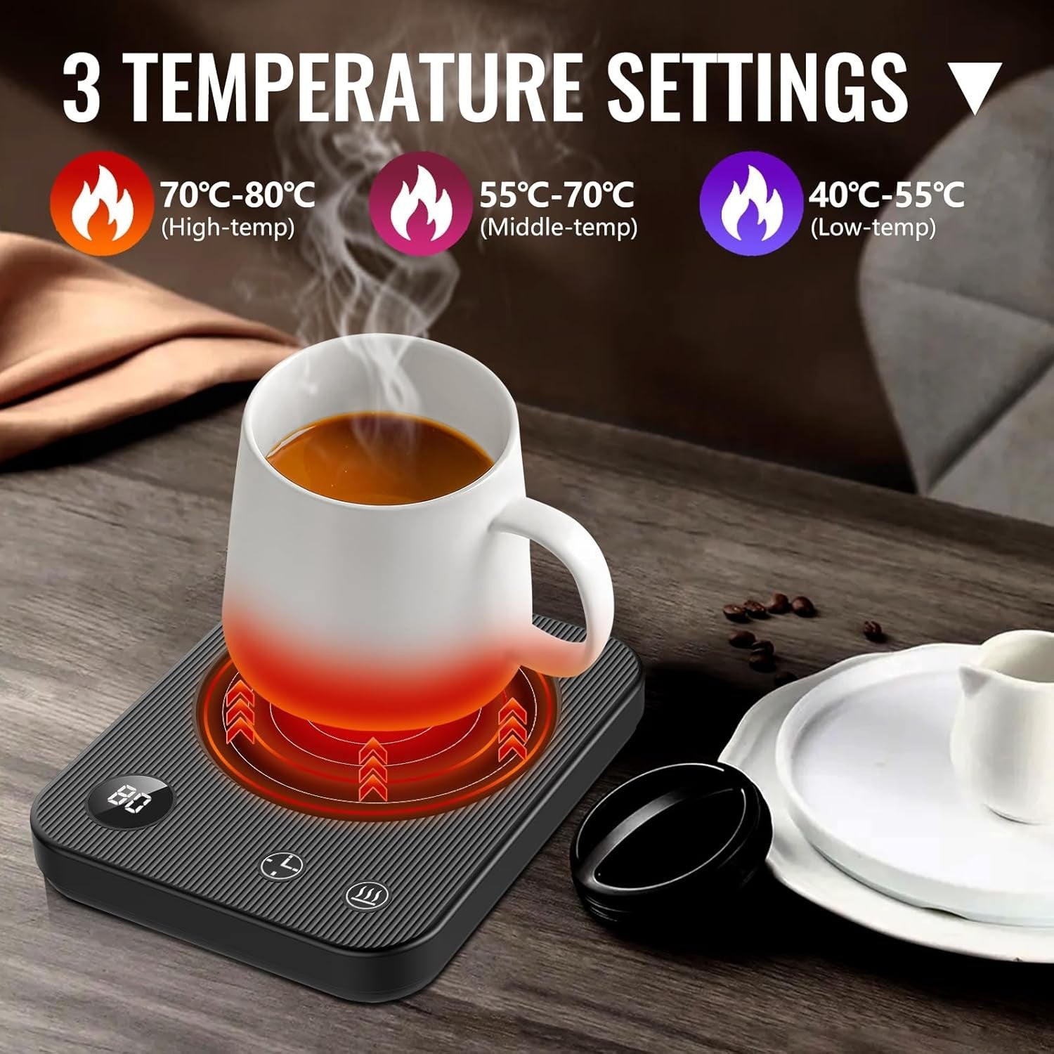Coffee Mug Warmer 3 Temp Auto Shut Off Anti-Scald Desk