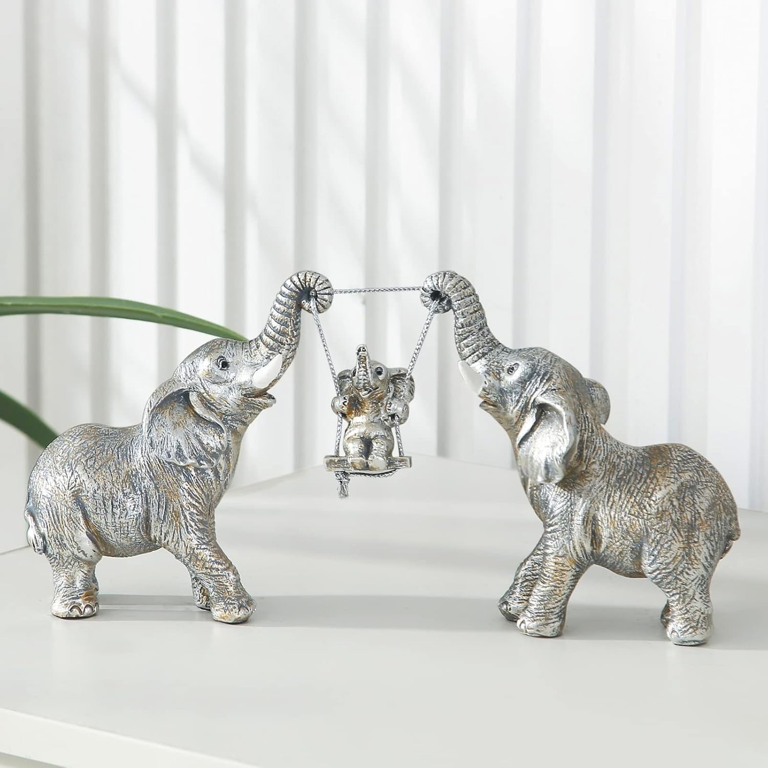 Silver Elephant Figurine Set Good Luck Home Decor Resin Centerpiece Gift