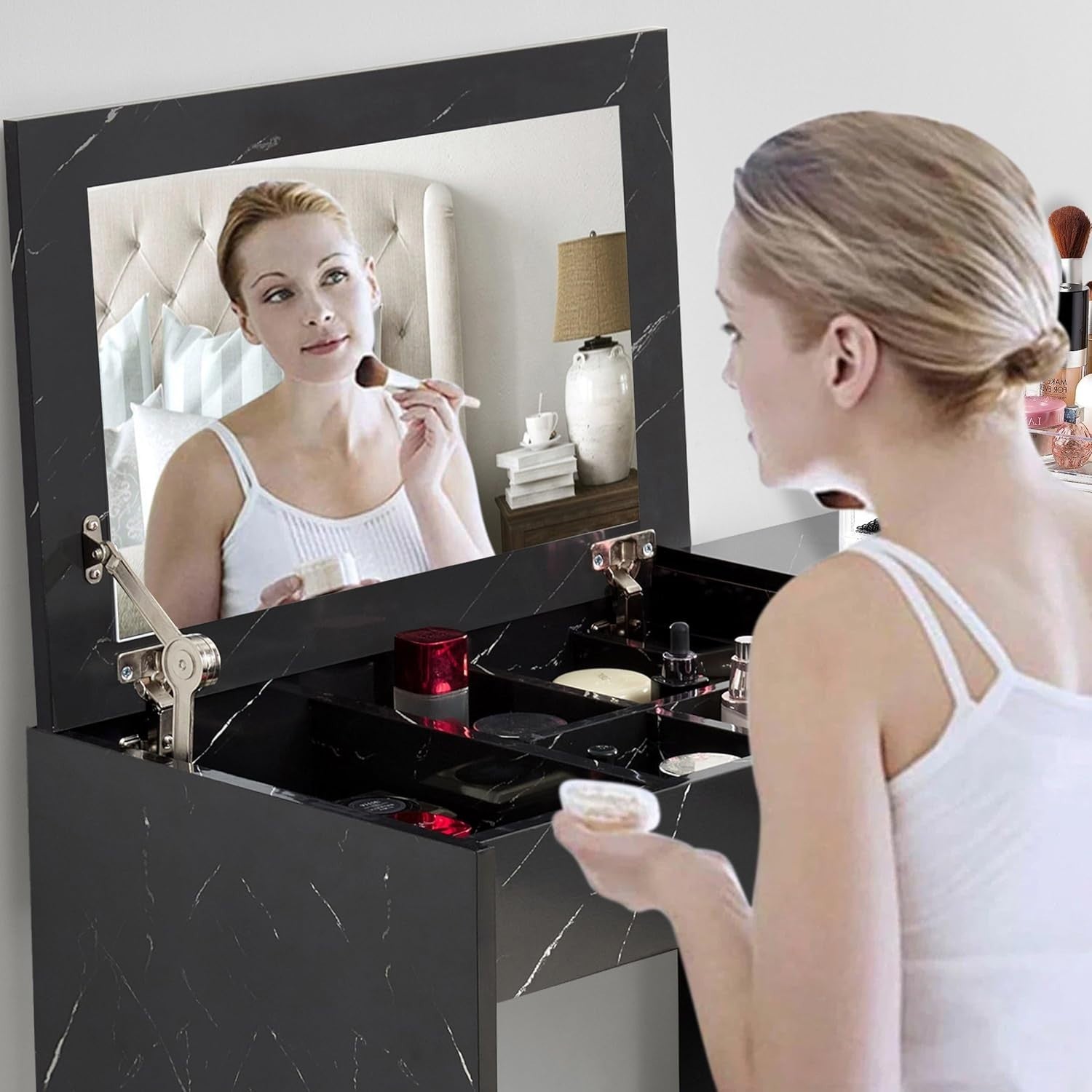 2-in-1 Dressing Table Vanity Makeup Desk Flip Mirror Storage Drawer Black Marble
