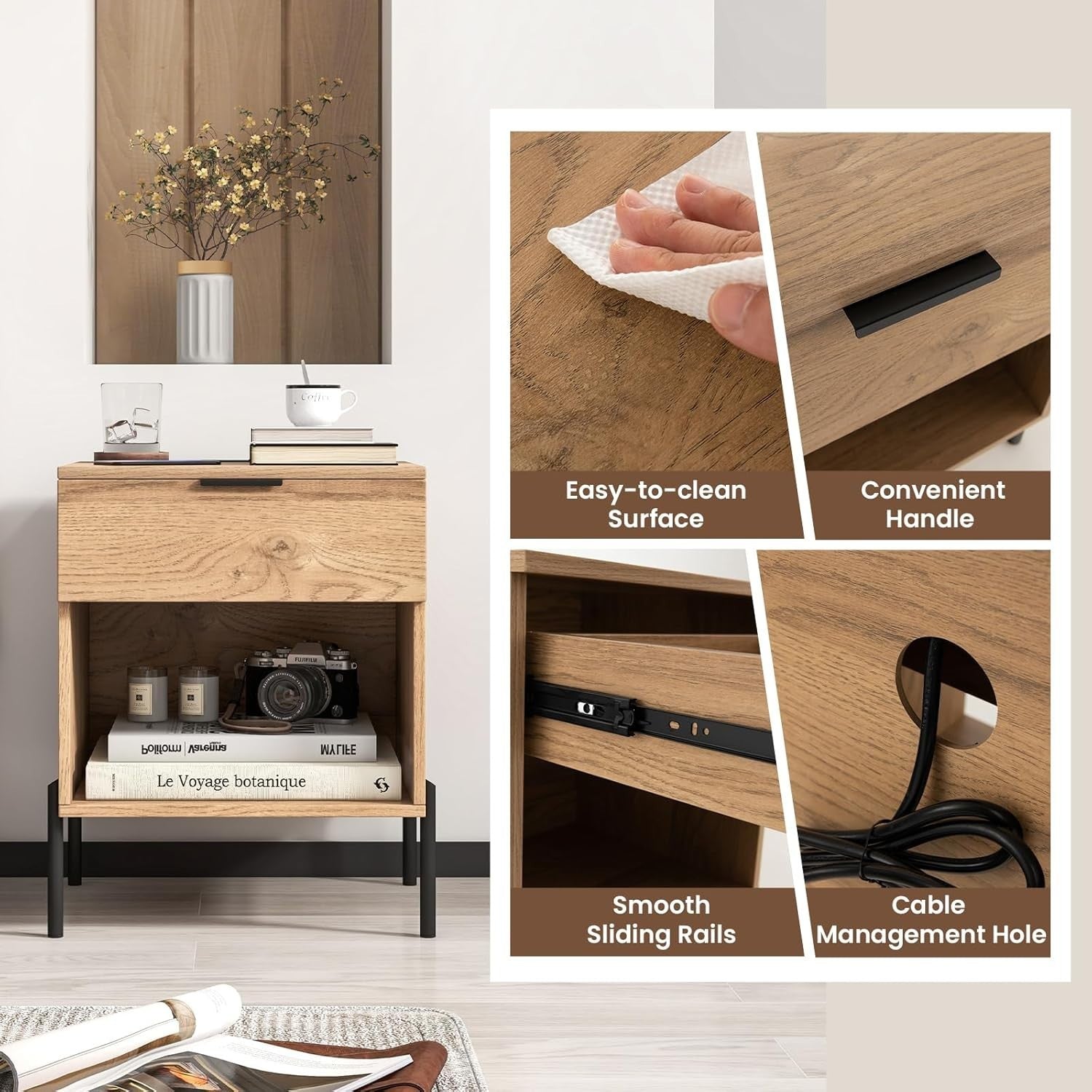 Wooden Bedside Table with Charging Station & Drawer – Modern Nightstand