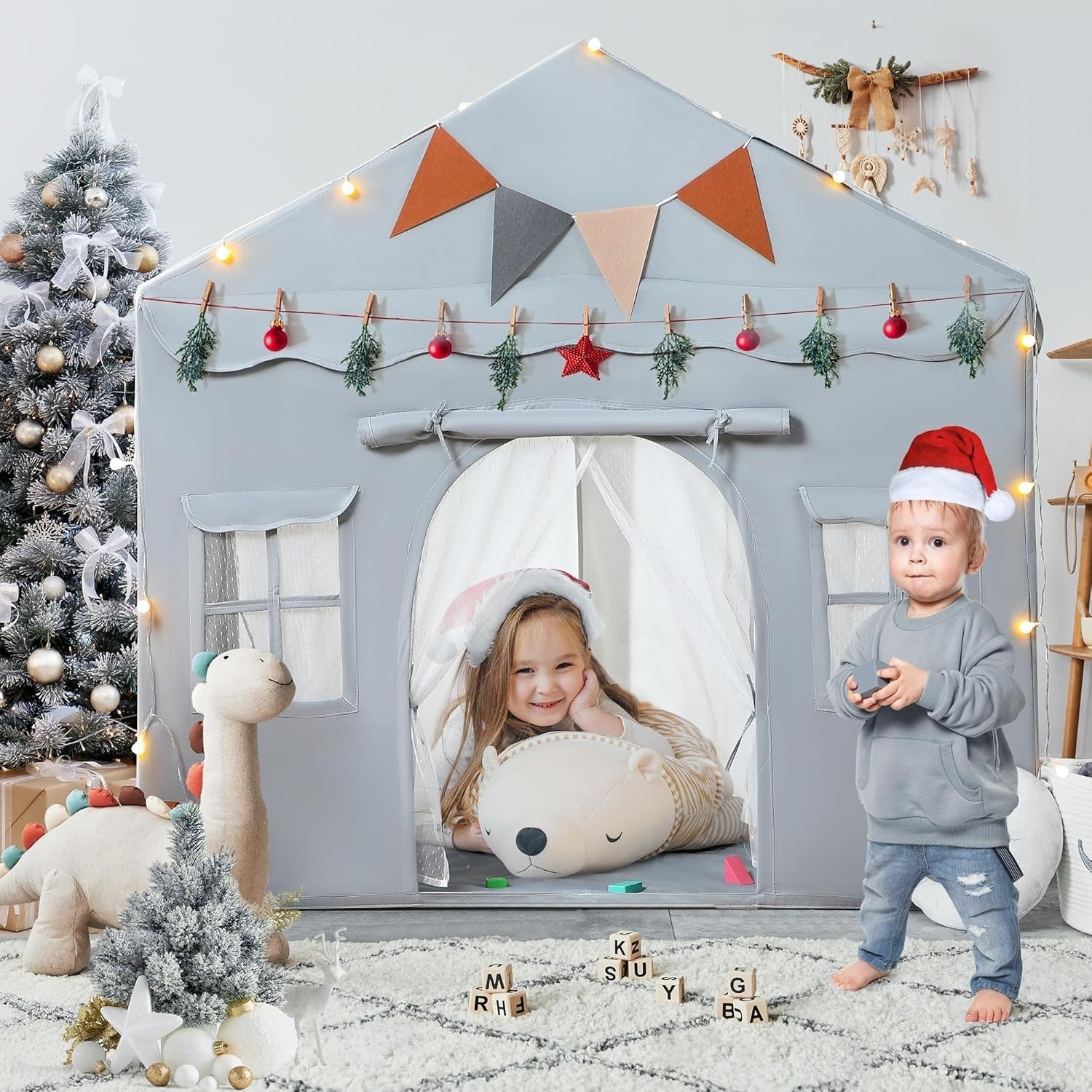 Grey Kids Play Tent Bed Canopy with Lights Padded Indoor Castle