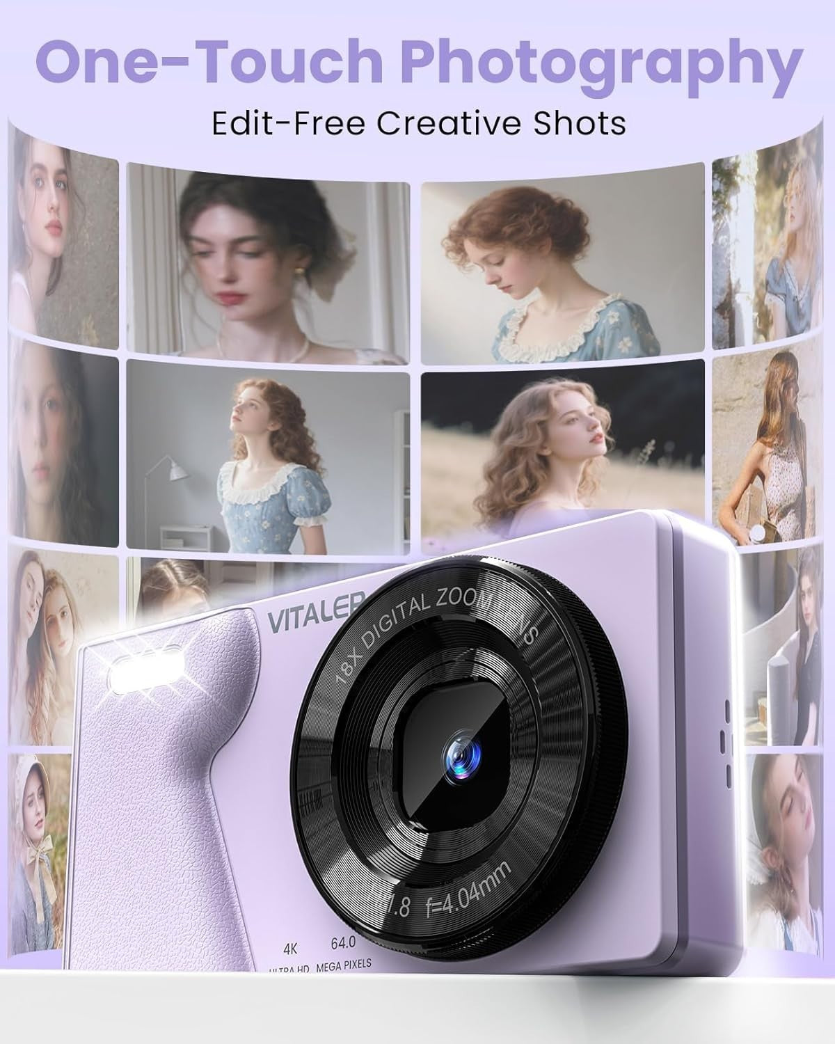 4K 64MP Digital Camera Dual Lens Compact Camera 18X Zoom Purple USB-C