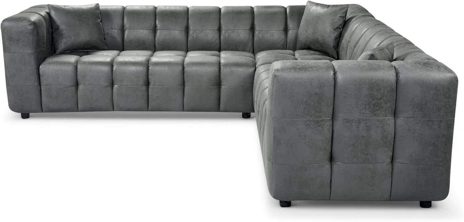 Grey Faux Leather 5 Seater L Shaped Corner Sofa – Deep Seats + Cushions