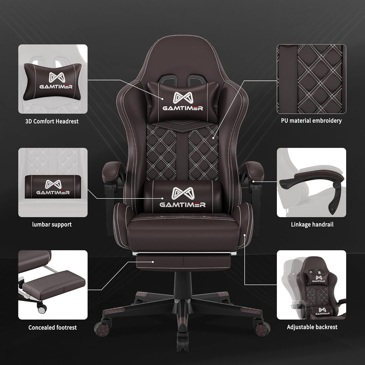 Gaming Chair with Footrest Reclining PU Leather High Back Brown