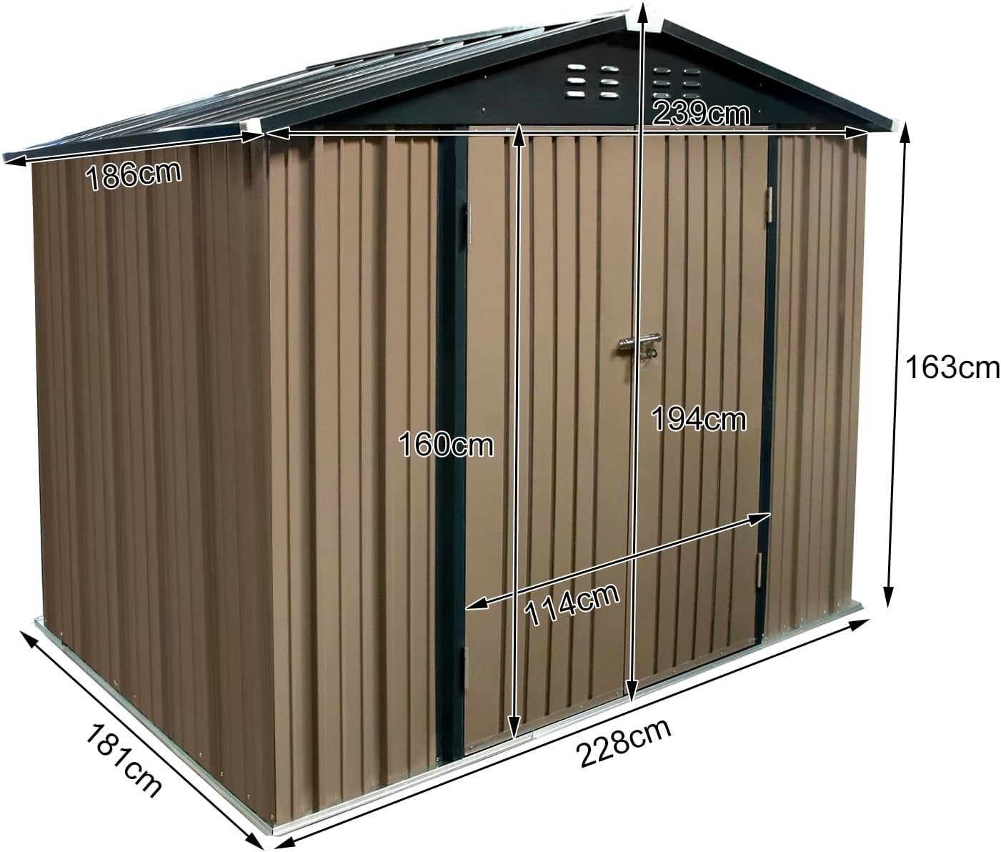 8x6FT Metal Storage Shed Outdoor Garden Tool House with Apex Roof & Double Doors