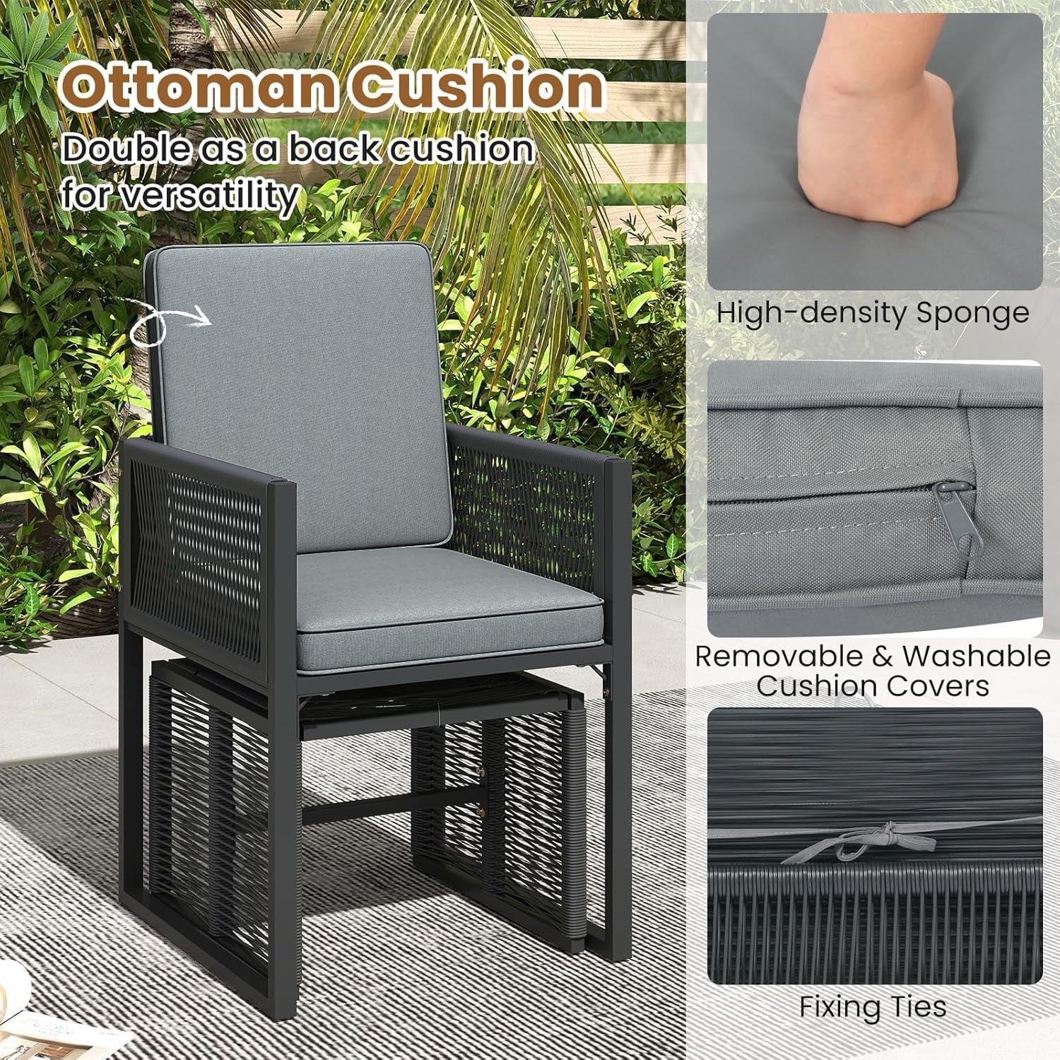 5 Piece Rattan Garden Dining Set Table Chairs Ottomans Cushions Space Saving