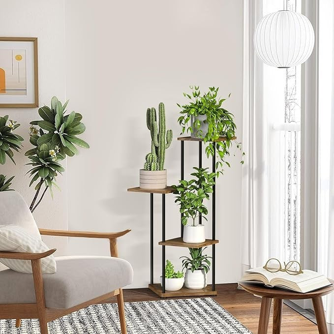 4 Tier Metal & Wood Tall Plant Stand Indoor Corner Flower Shelf Display Rack