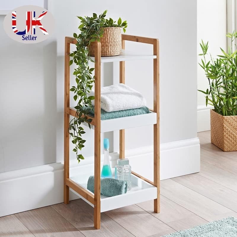 3 Tier Narrow White Shelving Unit Bookcase Bamboo Storage Shelf 72cm High