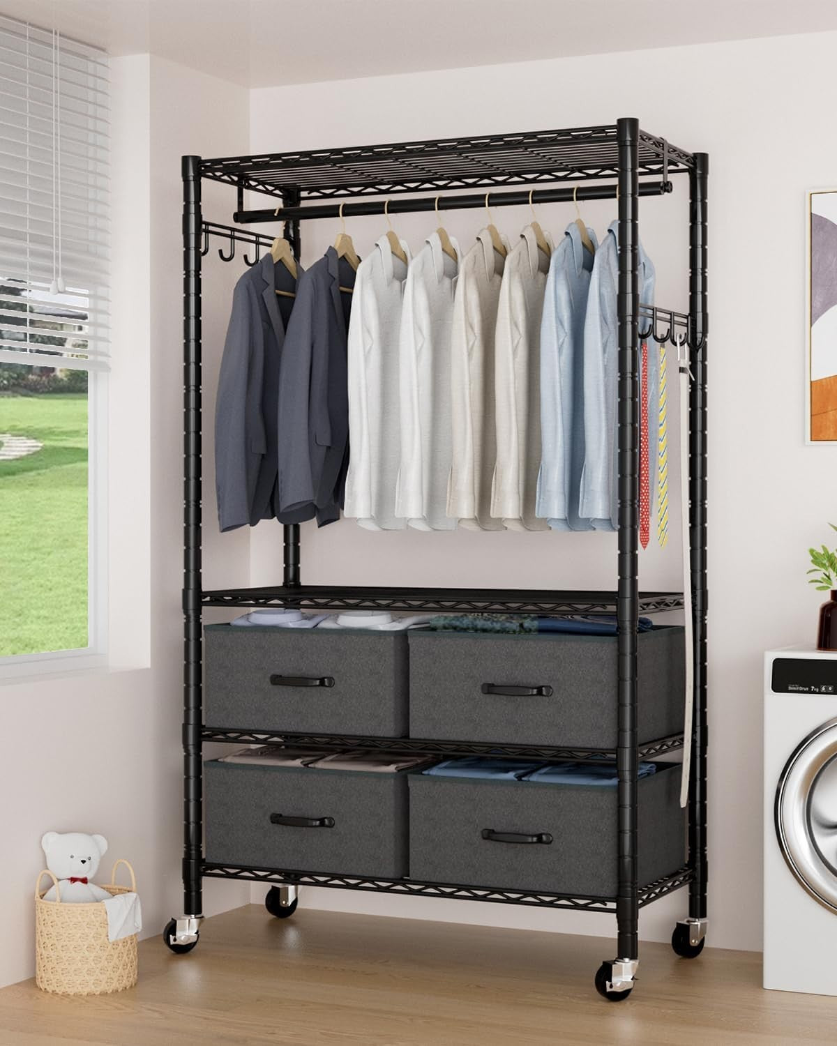 4-Tier Heavy Duty Clothes Rail with Drawers & Hooks – Black 90×40×189cm (S)