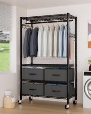 4-Tier Heavy Duty Clothes Rail with Drawers & Hooks – Black 90×40×189cm (S)