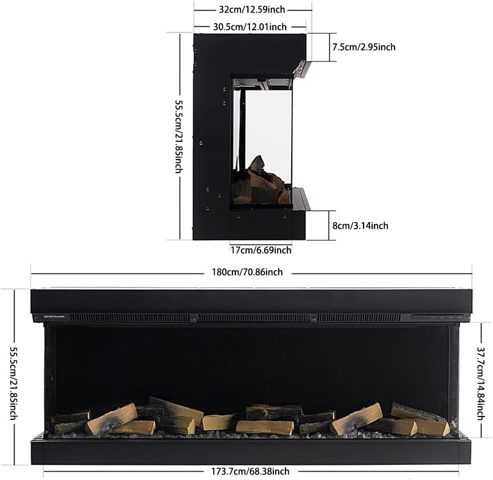 70” Wall Mounted Electric Fireplace Insert LED Flame Heater Remote App