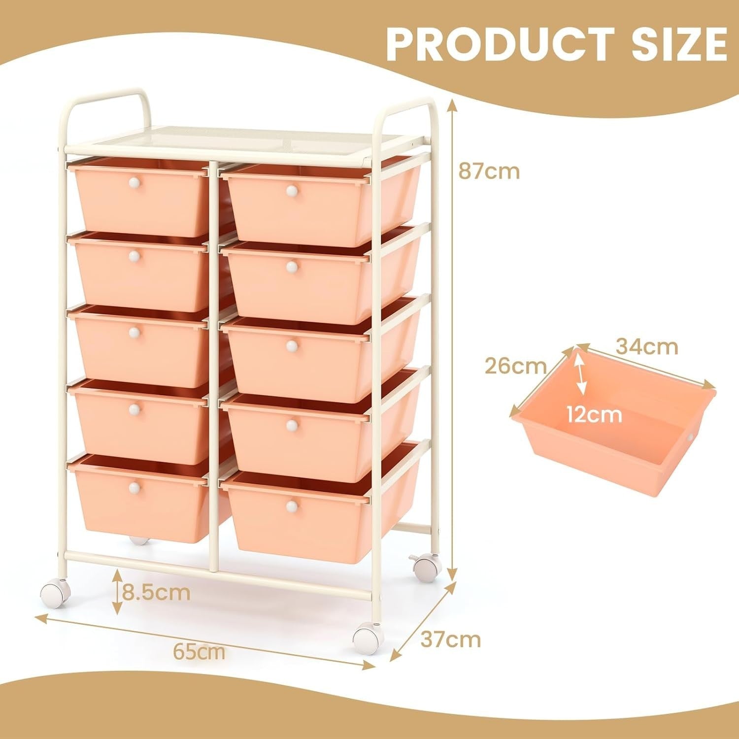 10 Drawer Peach Storage Trolley Rolling Organizer Cart with Wheels