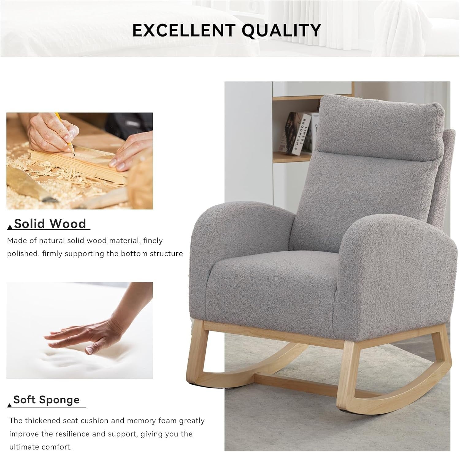 Nursery Rocking Chair for Adults High Back Boucle Armchair Glider Comfy