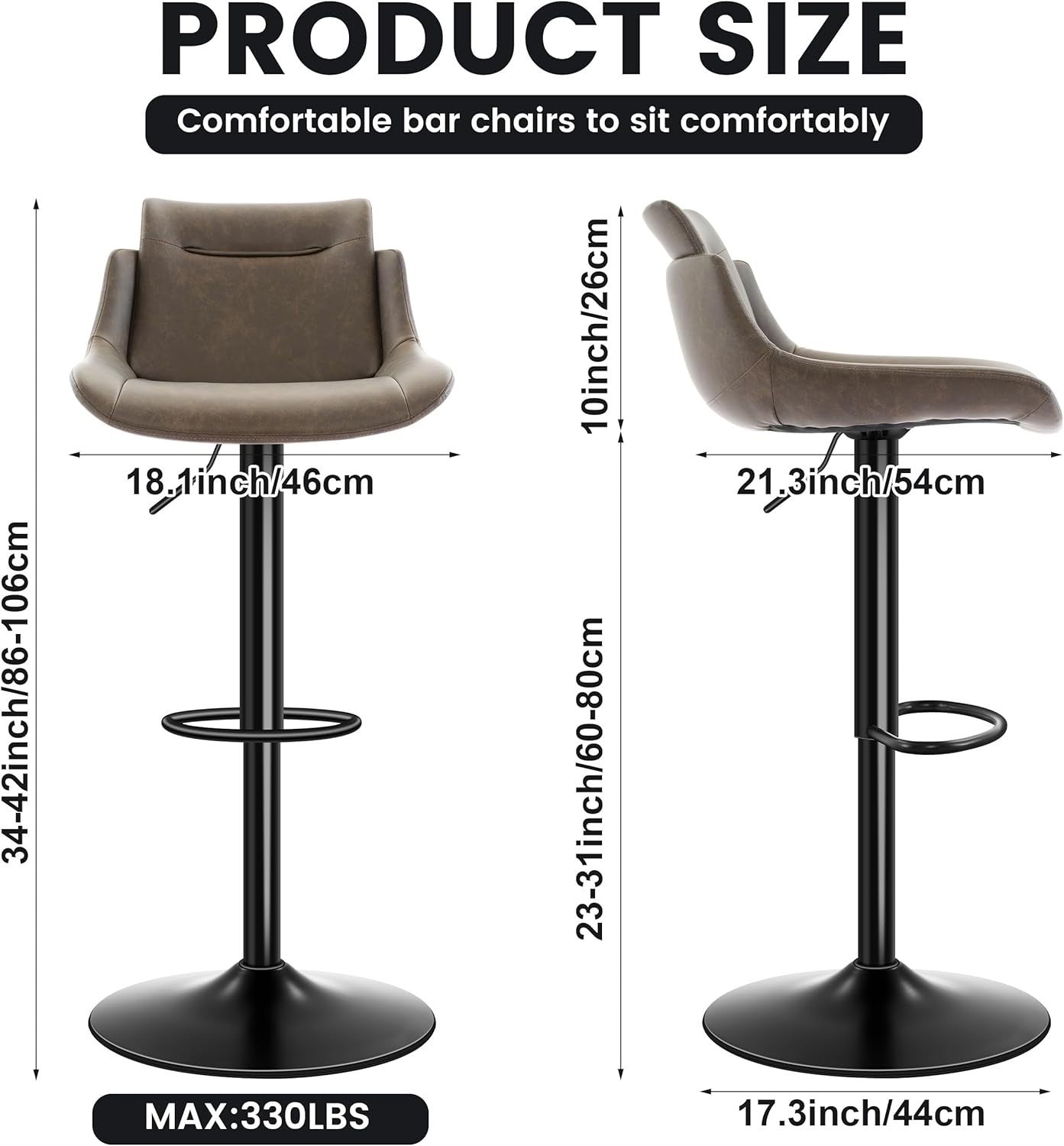Adjustable Brown PU Leather Bar Stools Set of 2 Swivel Kitchen Counter