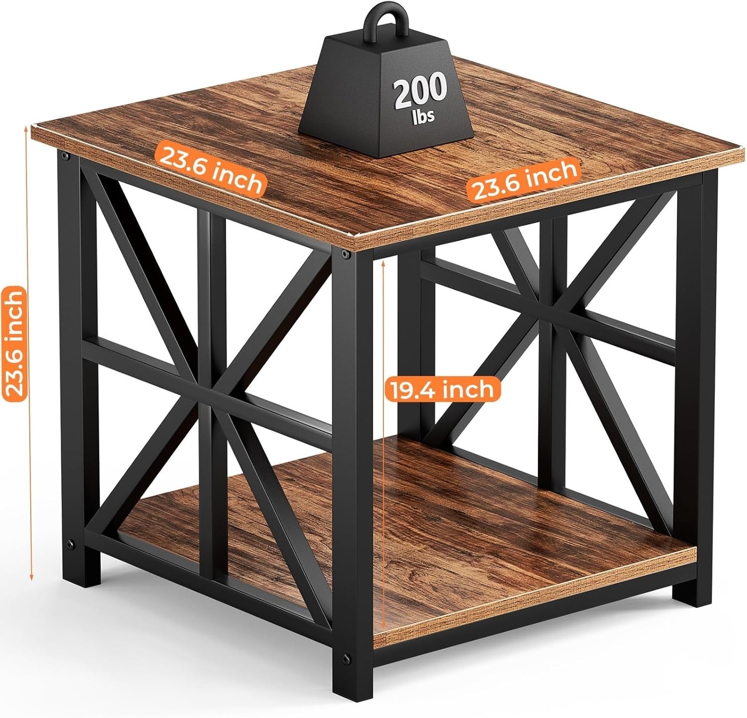 Walnut 2-Tier Square Side Table 60x60x60 cm | Large End Table w/ Storage