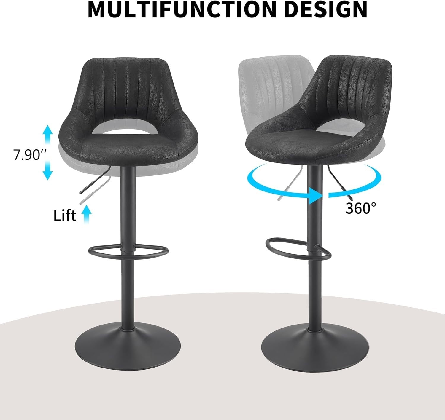 Black Bar Stools Set of 2 | Memory Foam Seat, Adjustable Swivel, Round