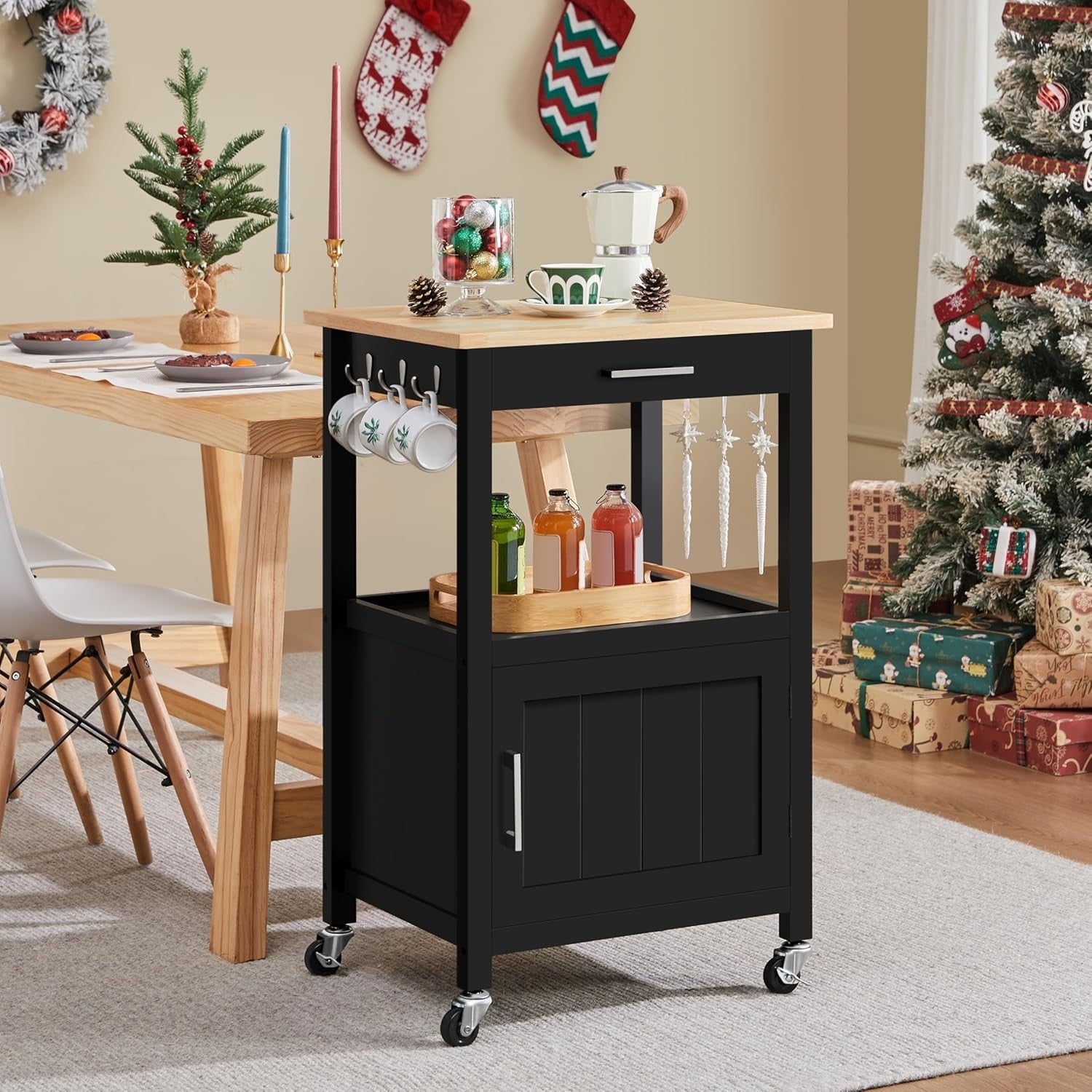 Kitchen Island Trolley on Wheels with Cabinet Drawer Hooks Rolling Utility Cart
