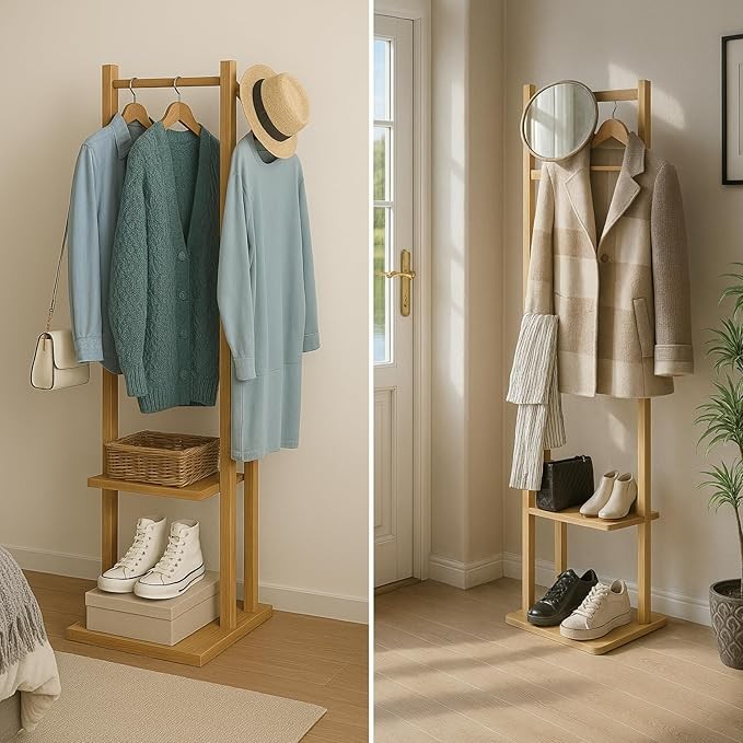 Wooden Coat Rack with 2 Shelves | Freestanding Bamboo Hall Tree Stand