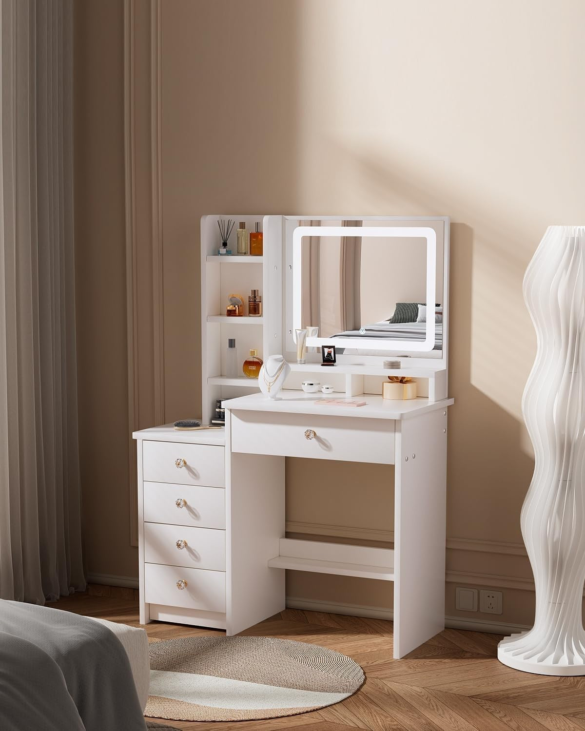 Makeup Vanity Table Mirror LED Lights 5 Drawers Dressing Desk Storage White New