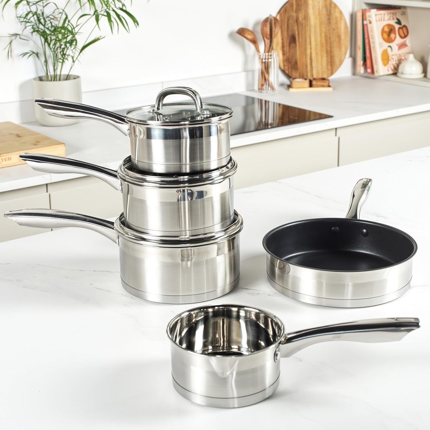 5pcs Stainless Steel Induction Saucepans and Frying Pan Set with Glass Lids