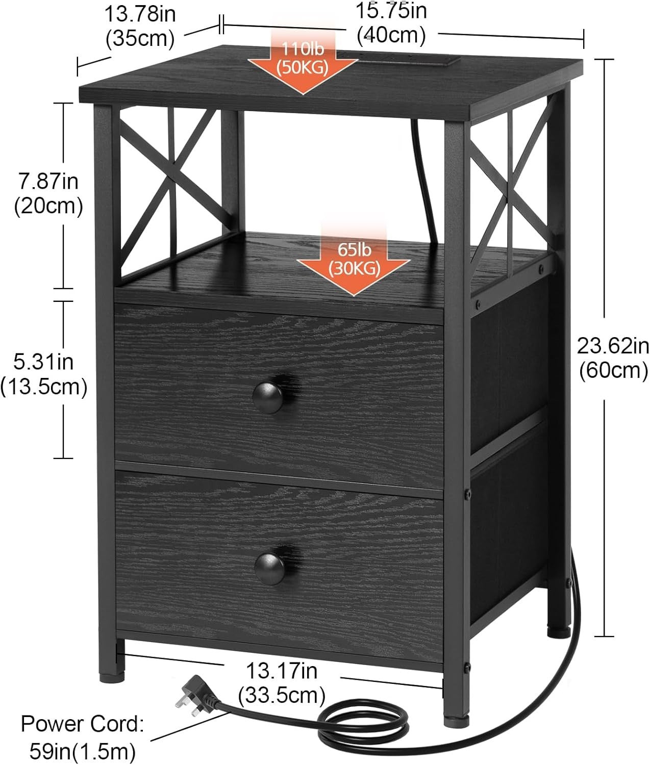 Set of 2 Black Bedside Tables with USB Charging Ports & Fabric Drawers
