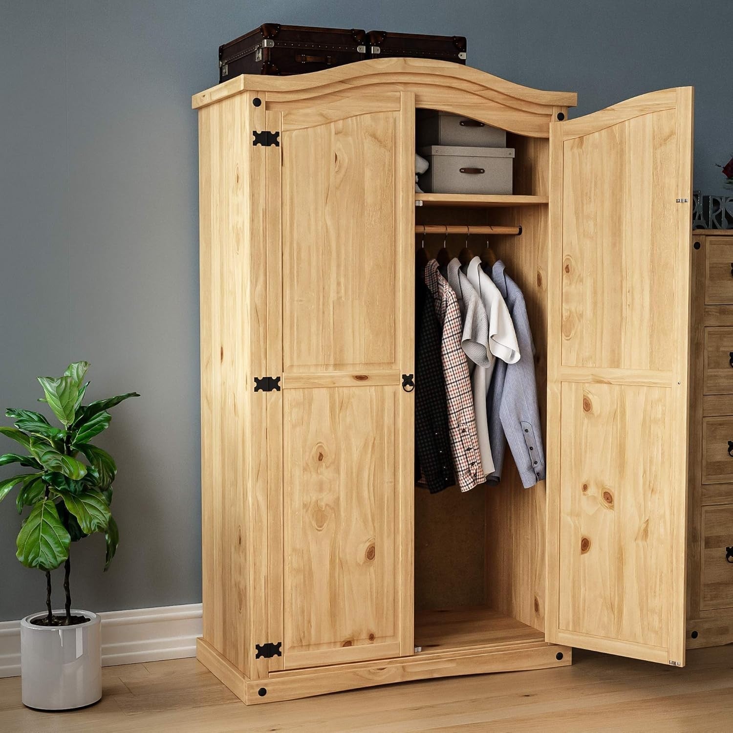 Solid Pine 2 Door Wardrobe Rustic Distressed Wax Storage Bedroom Cabinet