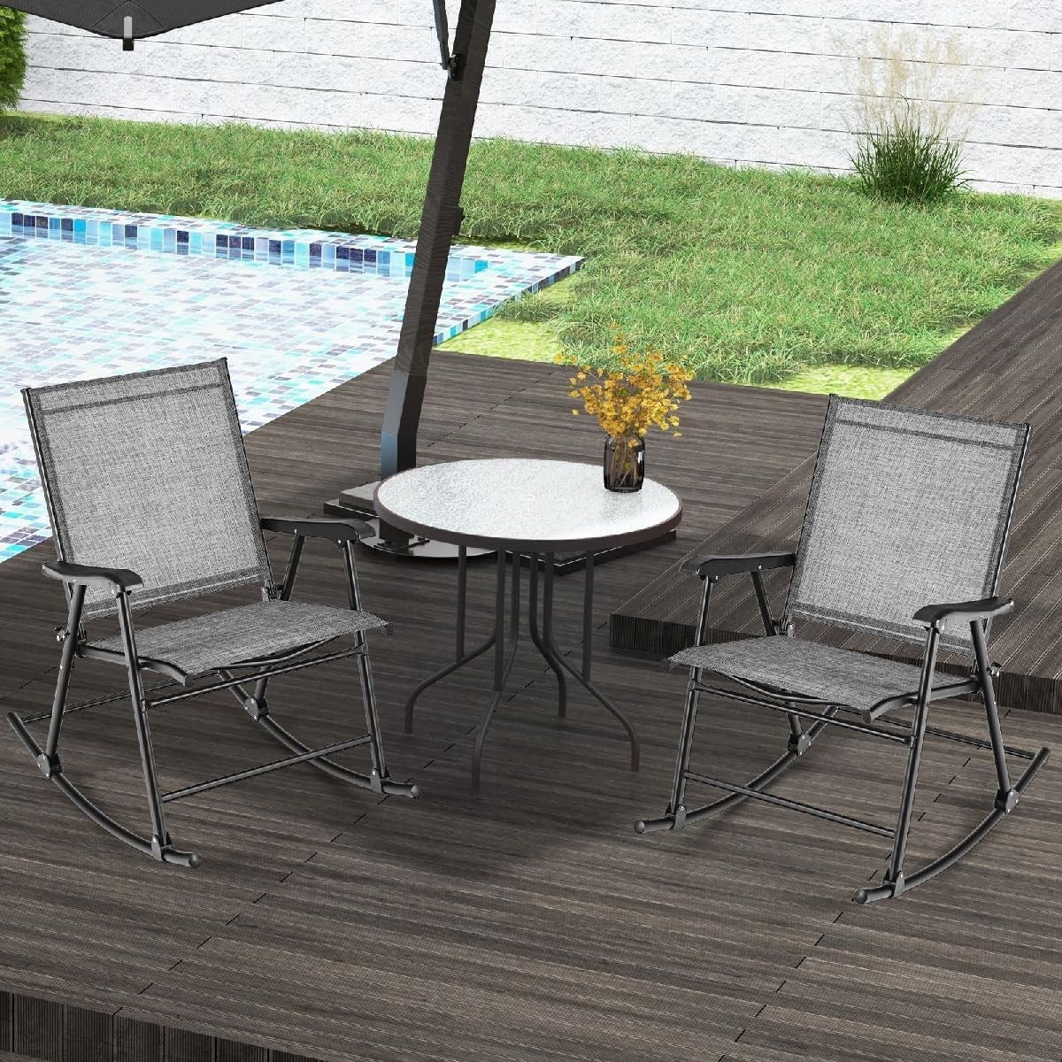 Outdoor Folding Rocking Chairs with Tempered Glass Table Patio Set