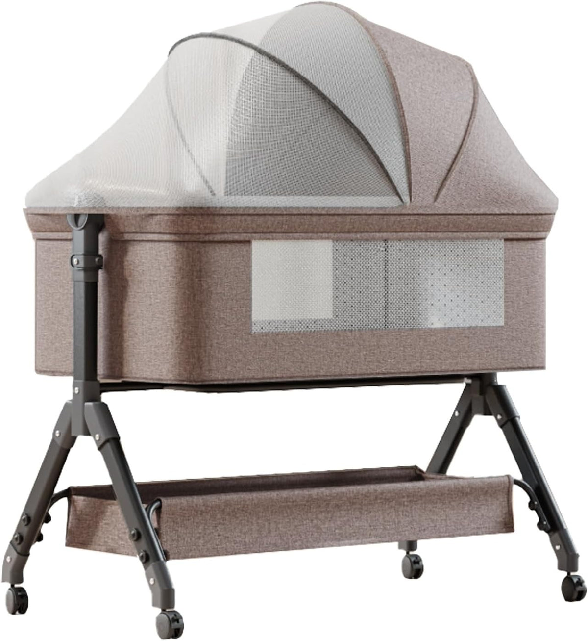 Baby Bedside Crib with Mattress Storage Basket Mosquito Net & Diaper Table Khaki